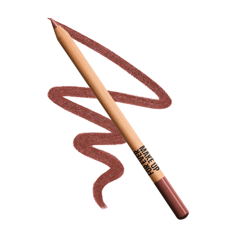 Make-up pencil with a swatch of brown color on a white background
