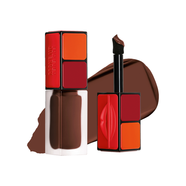 Makeup set with lip products on a white background