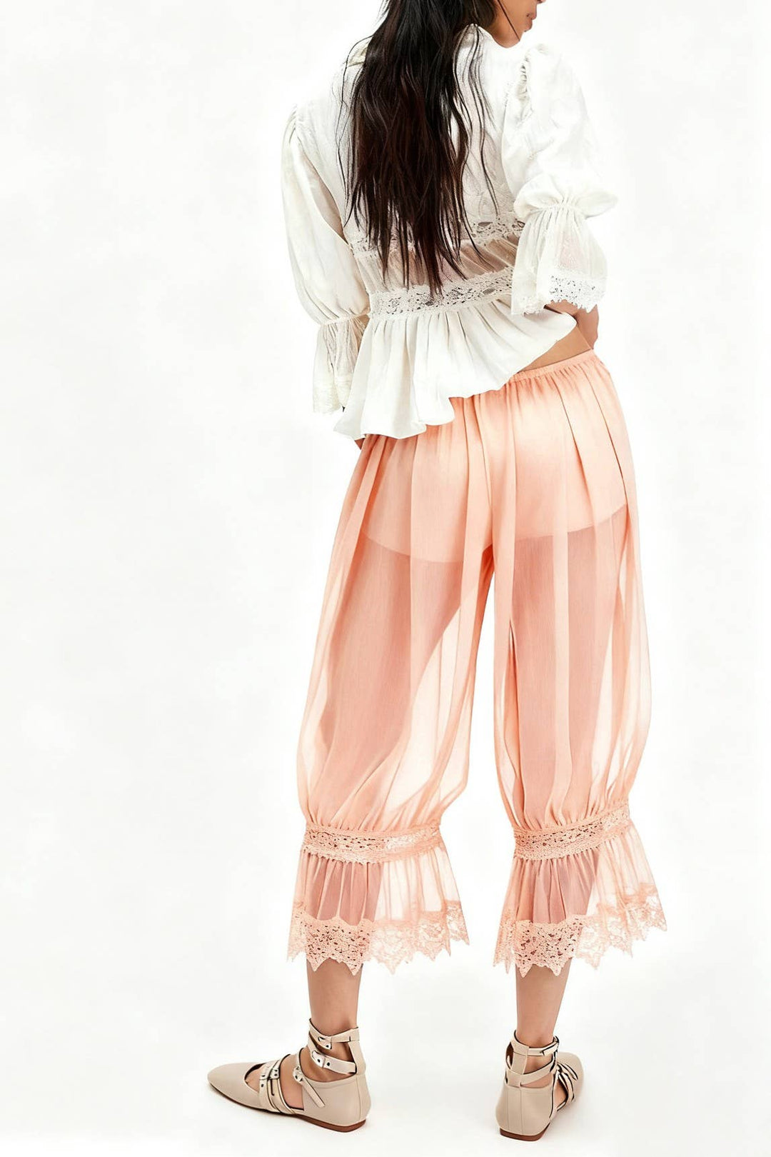 Boho lace trim mesh Bloomer Pants