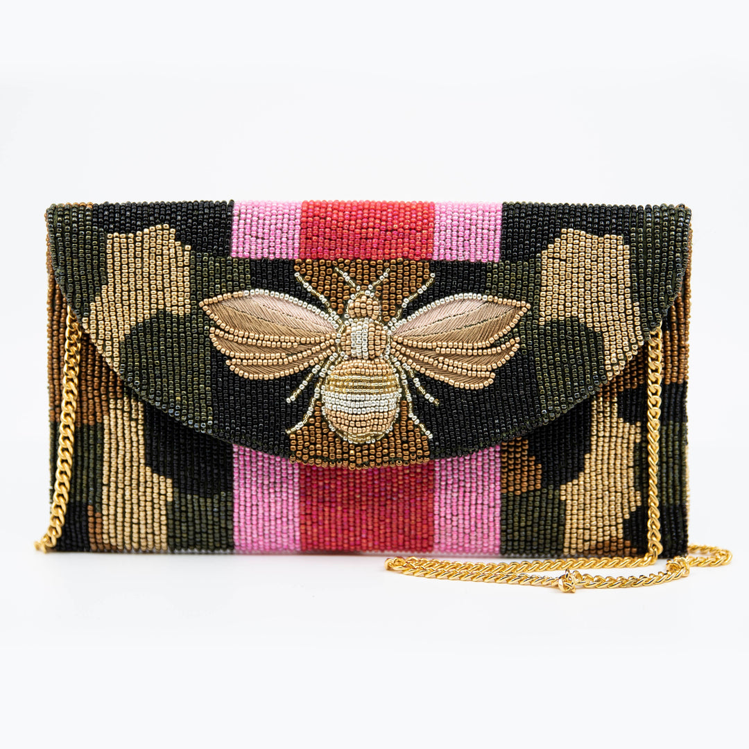 Queen Bee Hand-Beaded Clutch with Camo Design & Pink Stripes