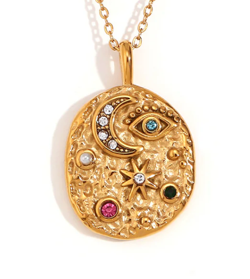 Confetti Coin- Evil Eye- Moon and Stars- Stainless Steel 14K