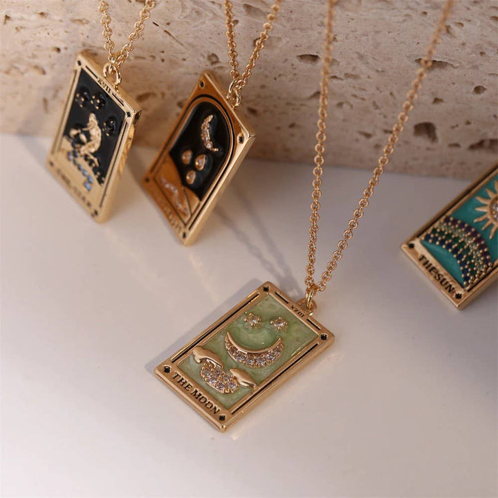 The Moon Enamel Tarot Card Necklace 18K with rhinestones stones