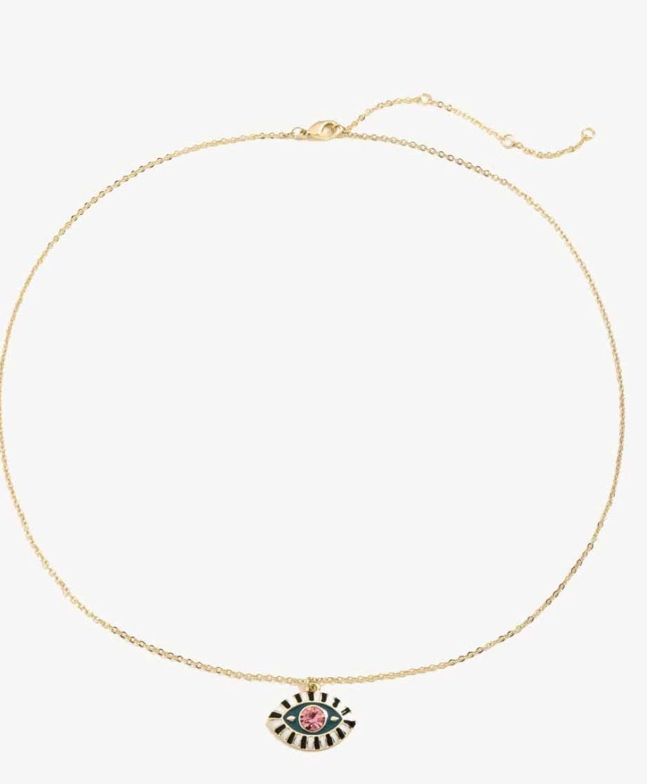 Evil Eye Third Eye Enamel and Crystal Pendant Necklace