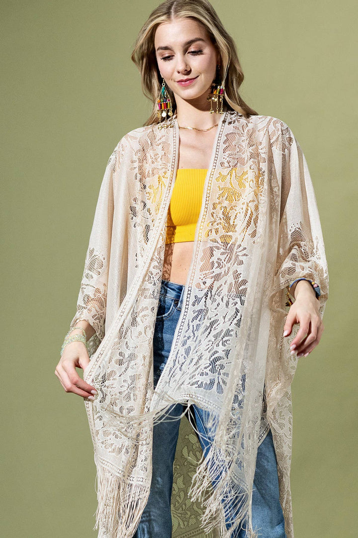 Floral Lace Kimono With Tassel