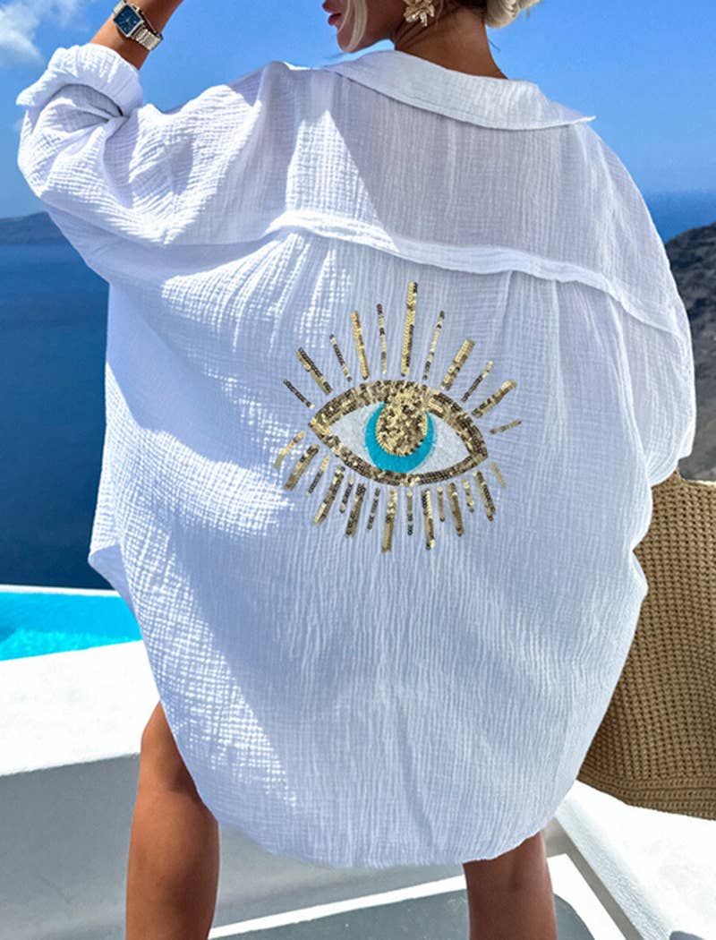 Stylish Button-Down Shirt with Eye Embroidery