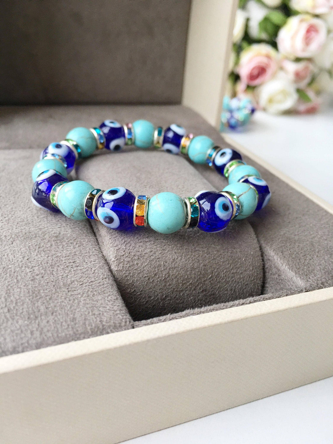 Blue Evil Eye Glass Bead Stretch Bracelet
