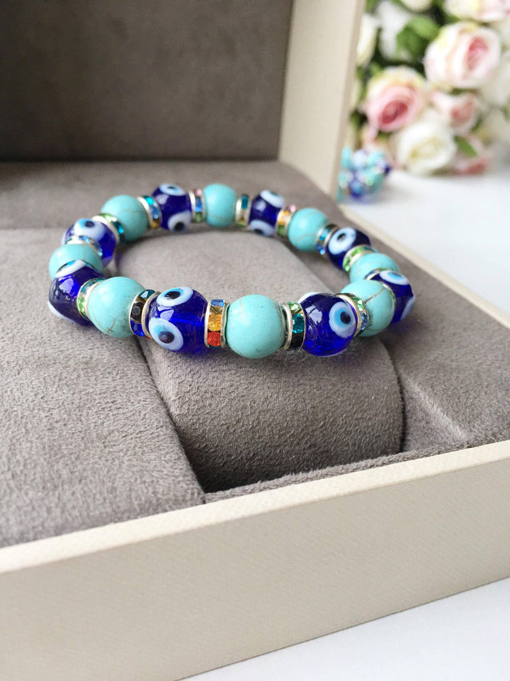 Blue Evil Eye Glass Bead Stretch Bracelet
