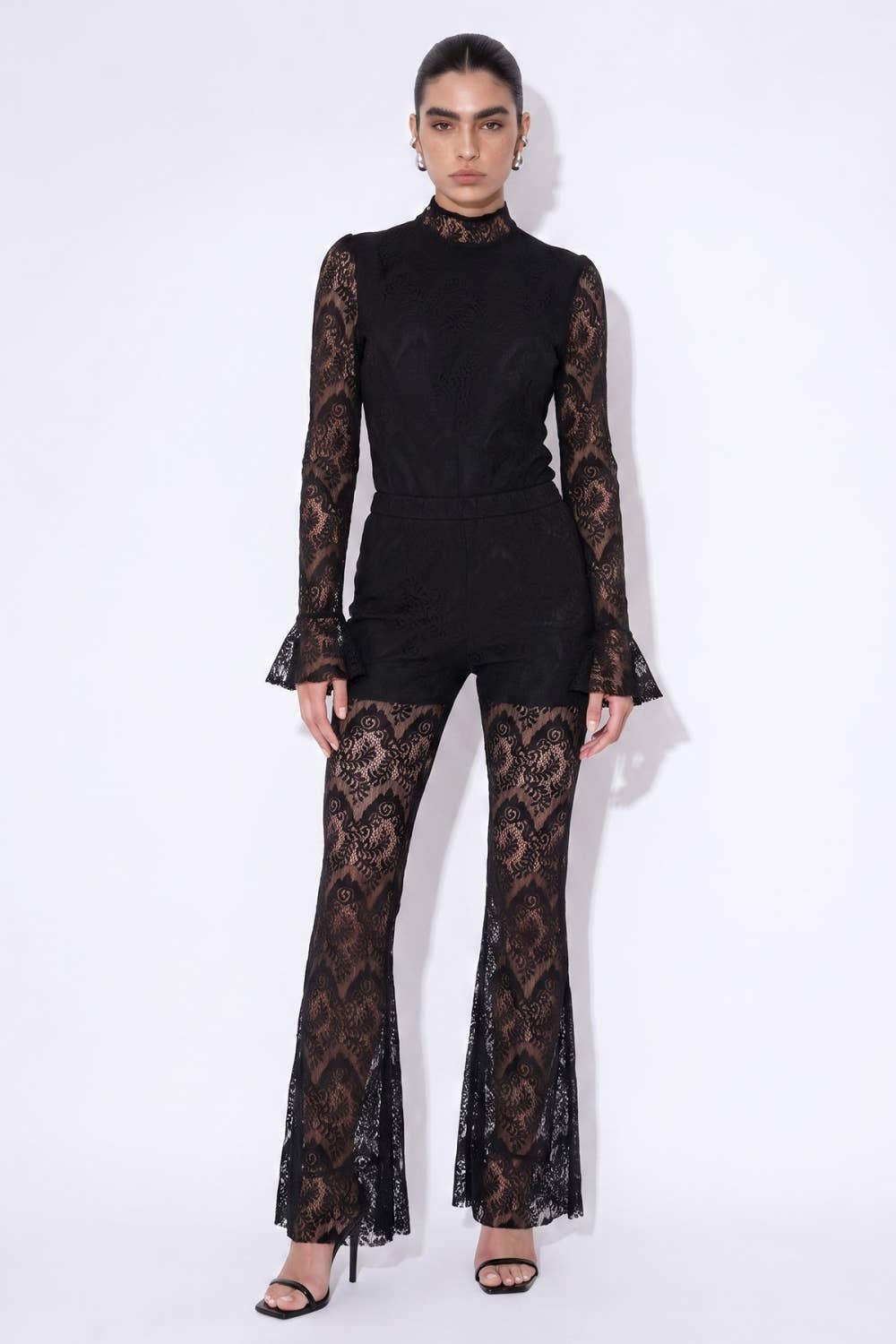 Floral Lace Bodysuit And Flared Trouser Set