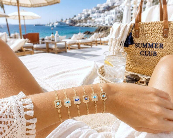 Blue Evil Eye Gold Chain Bracelet, Adjustable Dainty Style