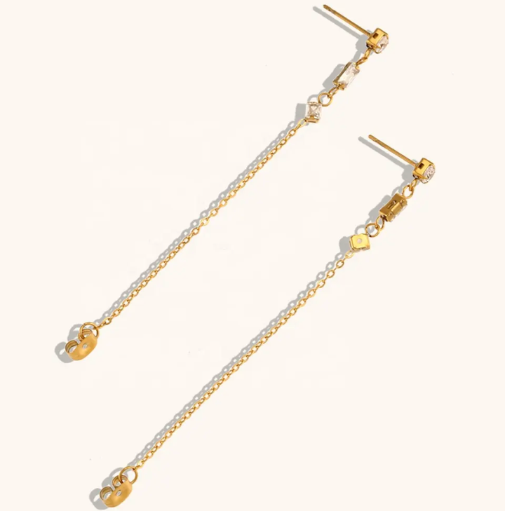 Chain Earring- 3 CZ station Chain Stainless Steel 14K Gold
