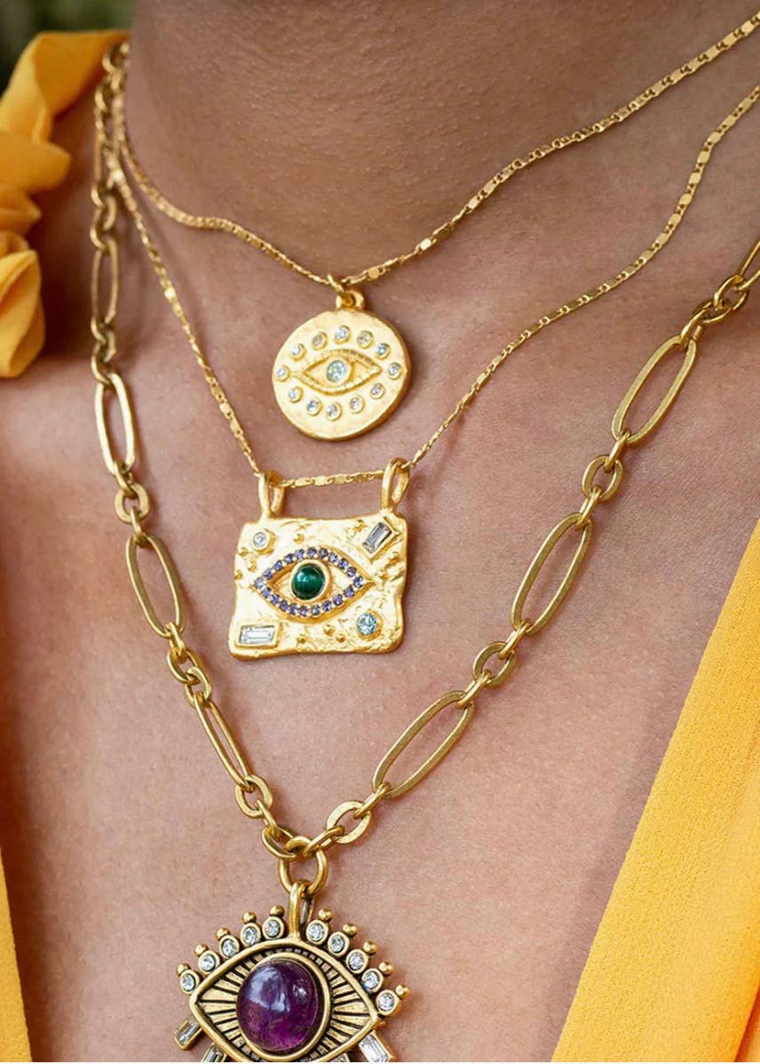 Evil Eye Protection Medallion Talisman 14K Gold Crystal Neck