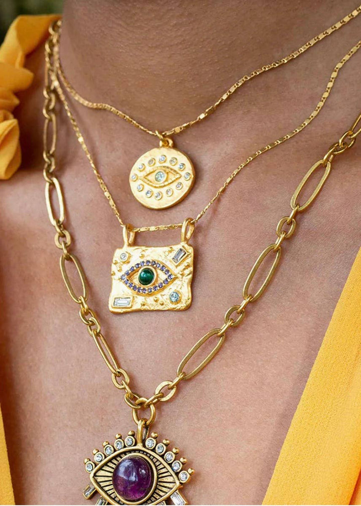 Evil Eye Protection Medallion Talisman 14K Gold Crystal Neck