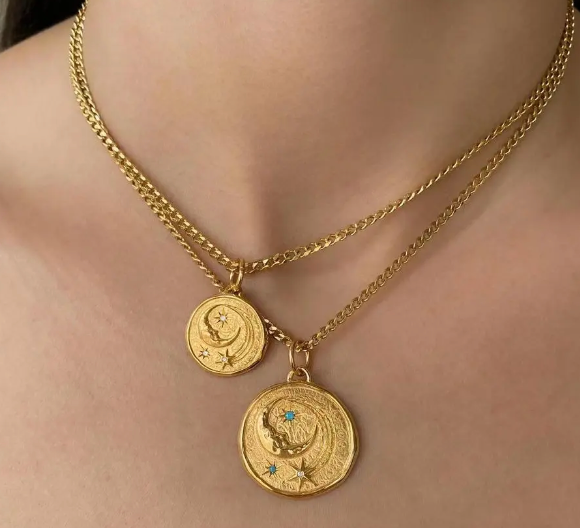  Athena Luna Coin Charm Necklace, Stainless Steel- 14K gold