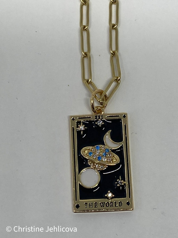 The World Enamel Tarot Card Necklace 18K with paperclip chain