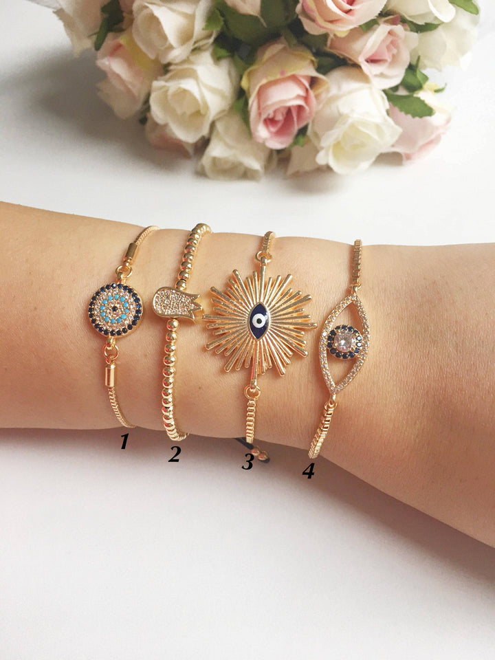 Gold Evil Eye Bracelet, Adjustable Greek Jewelry
