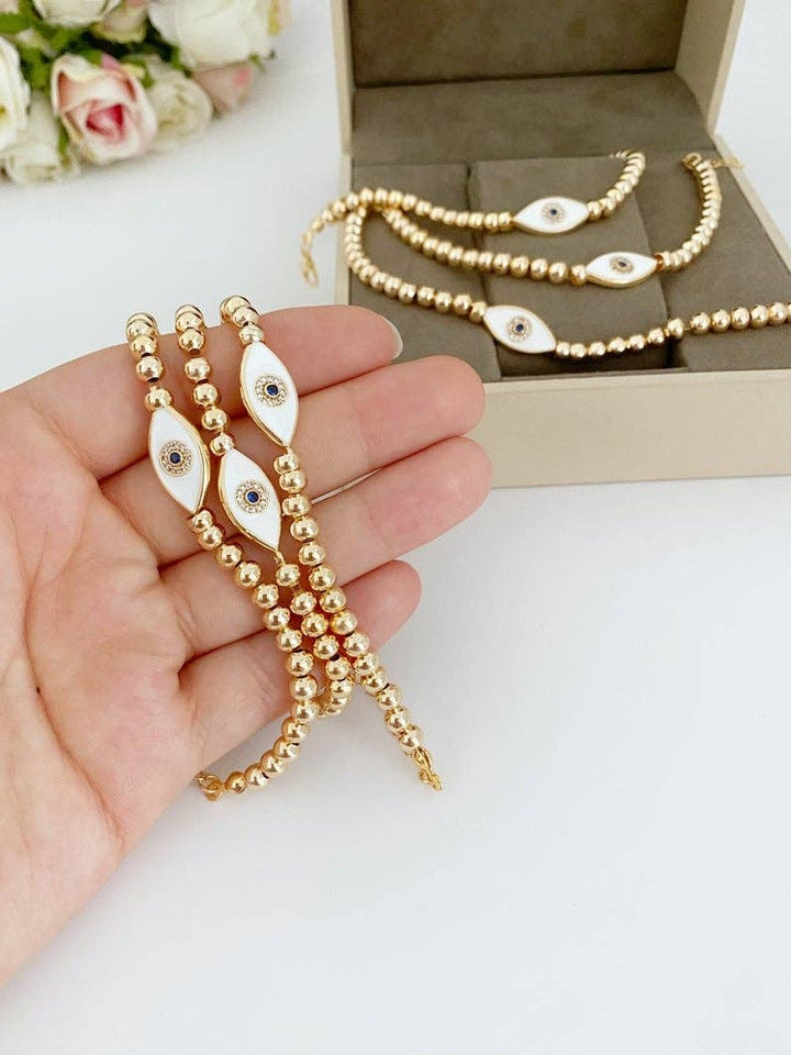 White and Gold Beaded Evil Eye Waterproof Bracelet