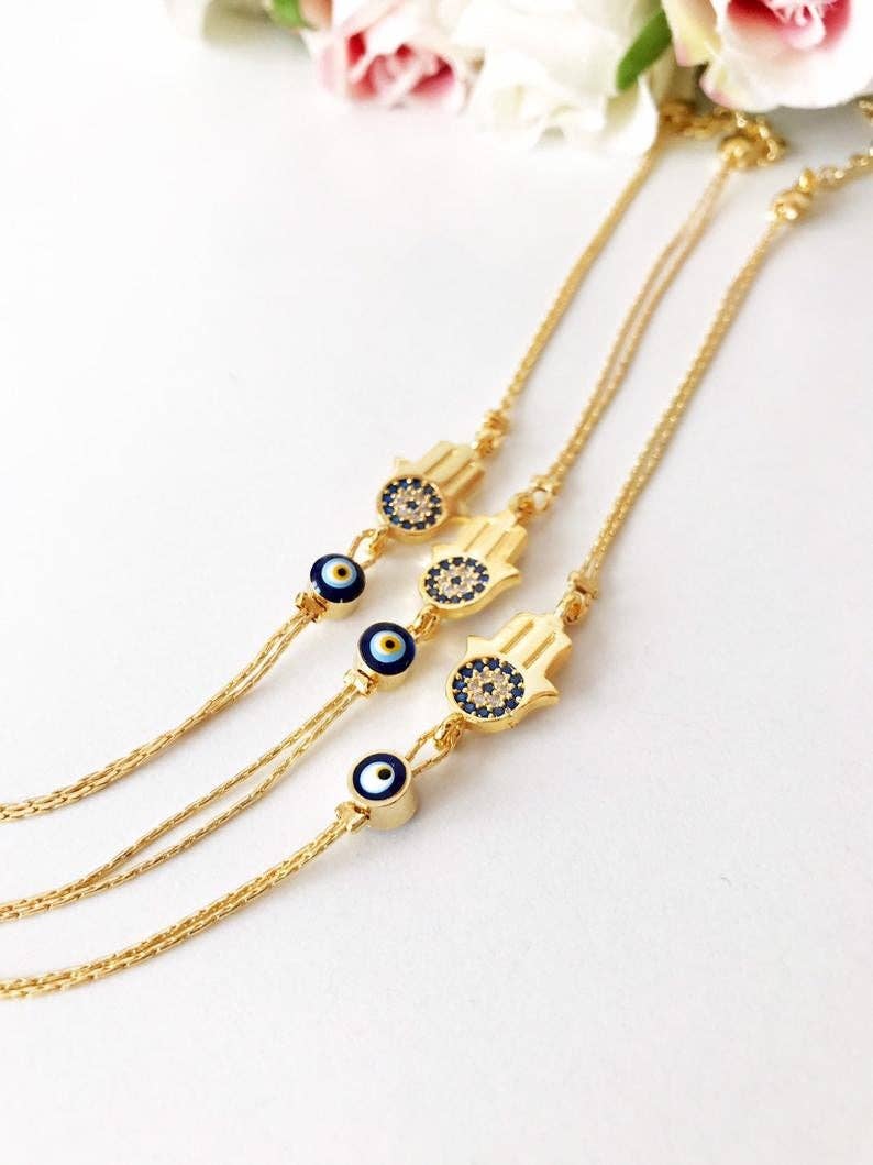 Hamsa Evil Eye Bracelet, Gold Chain Bracelet, Greek Jewelry