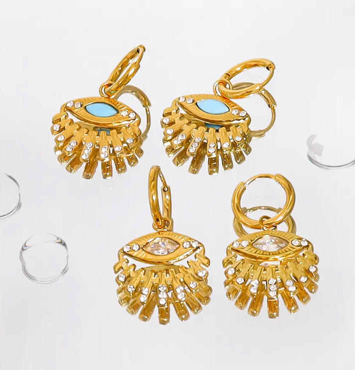 Evil Eye Charm Hoop Earrings- Stainless Steel 14K