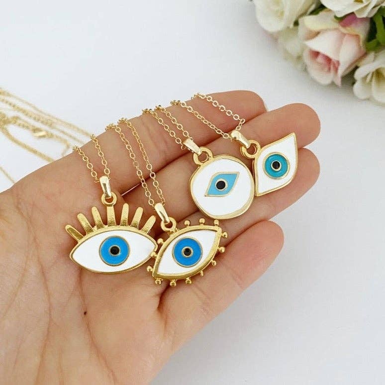 Gold Necklace With White Enamel Evil Eye Bead