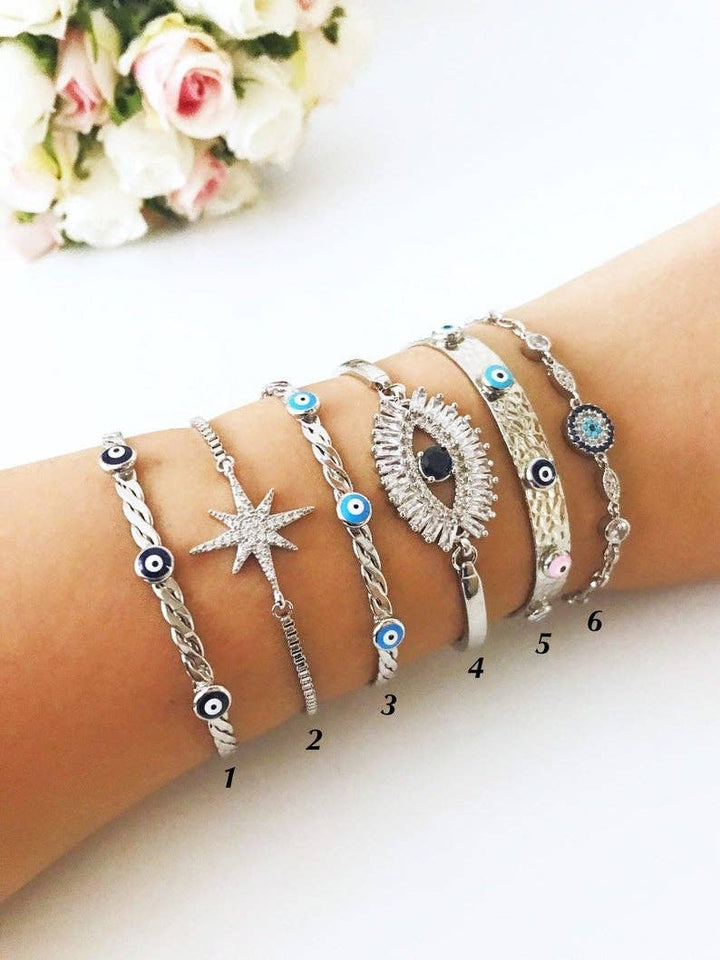 Silver Evil Eye Bracelet Set, Silver Bangle Bracelet, Cz Baguette Bracelet