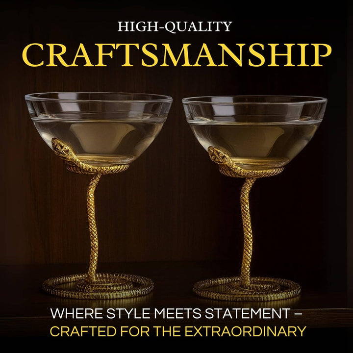 Snake Serpent Cocktail & Martini Glasses - 2 Set Gold Design