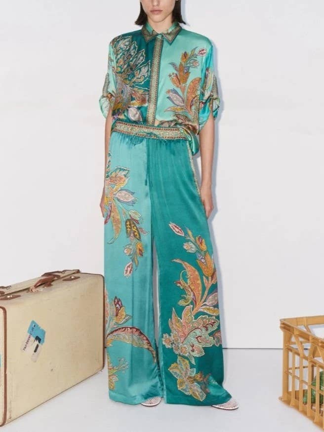 Satin Unique Retro Flower Print Shirt And Pants Set