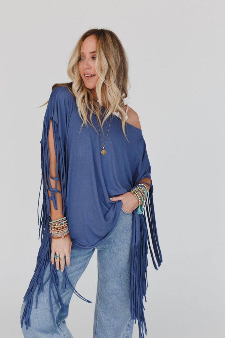 Western Showstopper Fringe Top - Denim