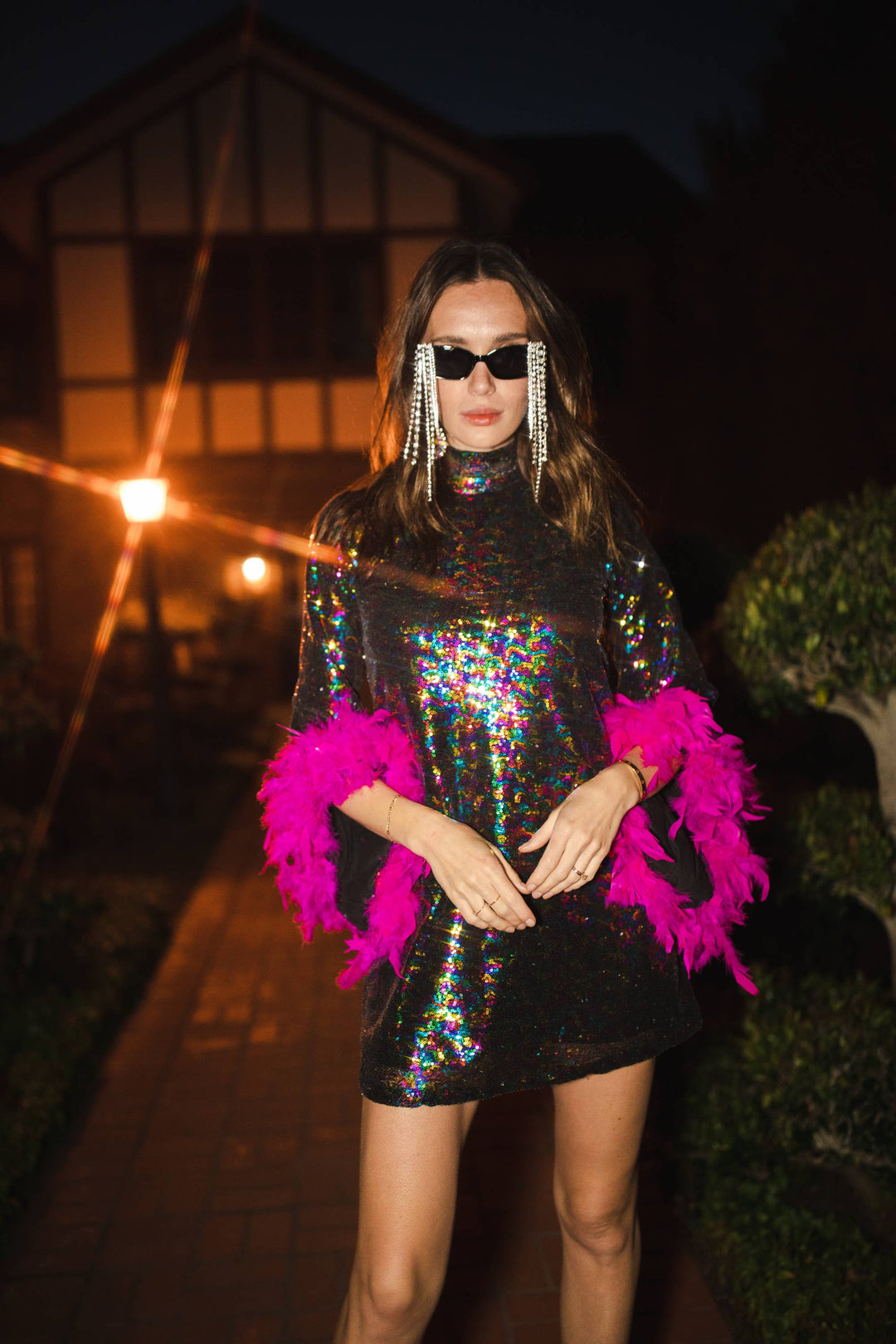 Time Warp Sequin Mini Dress with Feather Cuffs