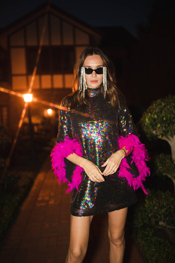 Time Warp Sequin Mini Dress with Feather Cuffs