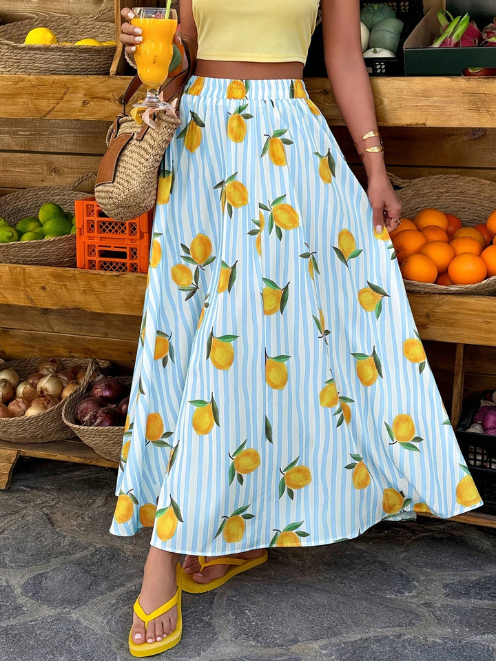 Striped Colorful A-Line Beach Flowy Skirt Blue Stripes With Lemons
