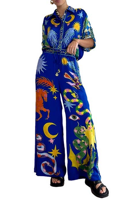Wonderland print polyester blouse pants 2 piece set