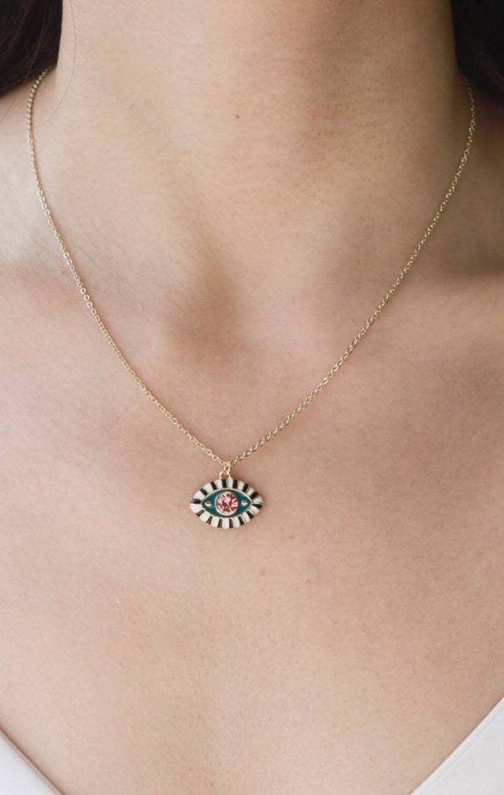 Evil Eye Third Eye Enamel and Crystal Pendant Necklace