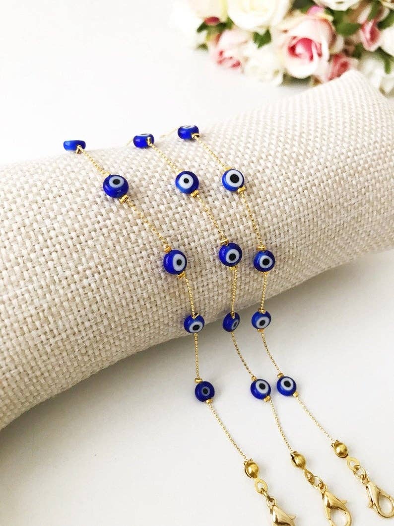 Blue Evil Eyes on Dainty Gold Bead Chain Bracelet