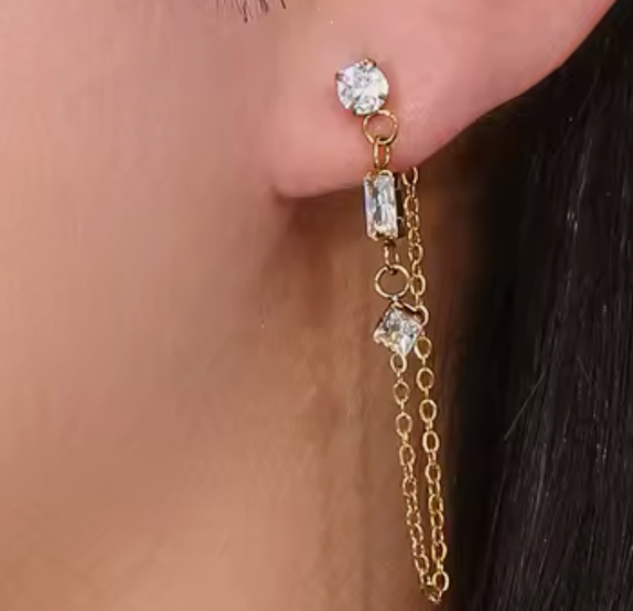 Chain Earring- 3 CZ station Chain Stainless Steel 14K Gold