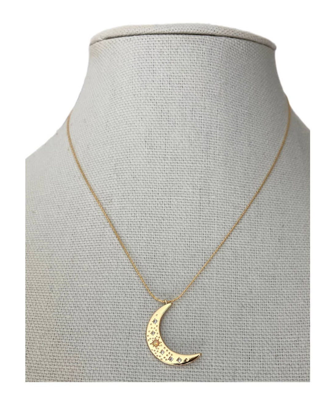 Crescent Moon Opal and Crystal Steel 14K Gold Necklace