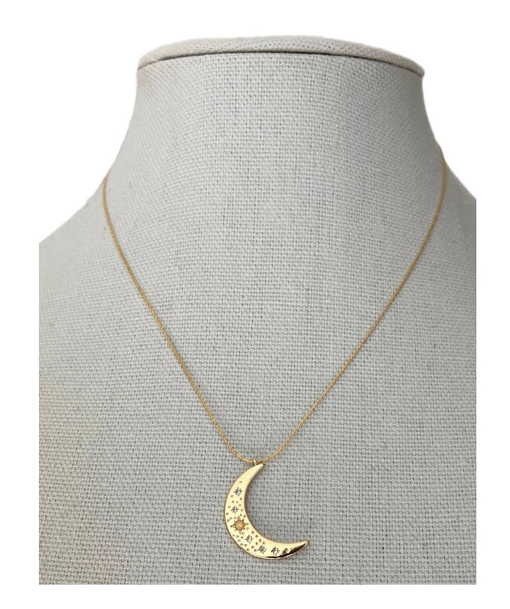 Crescent Moon Opal and Crystal Steel 14K Gold Necklace