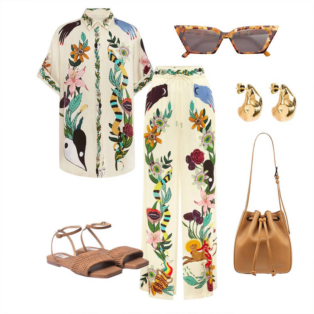 Loose Vintage Print Shirt Trouser Set