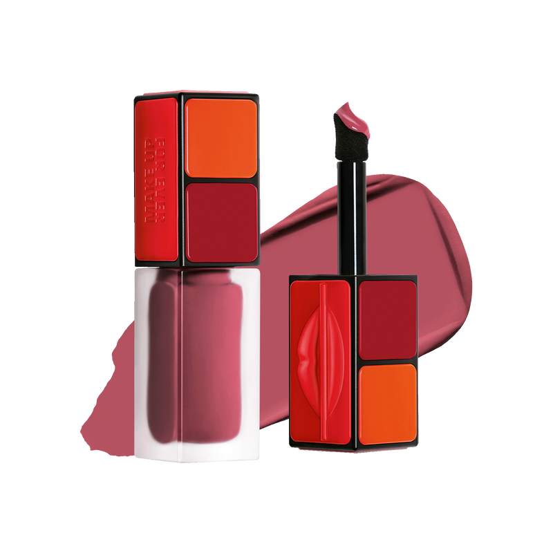 Lipstick and lip gloss set with red and orange shades on a white background