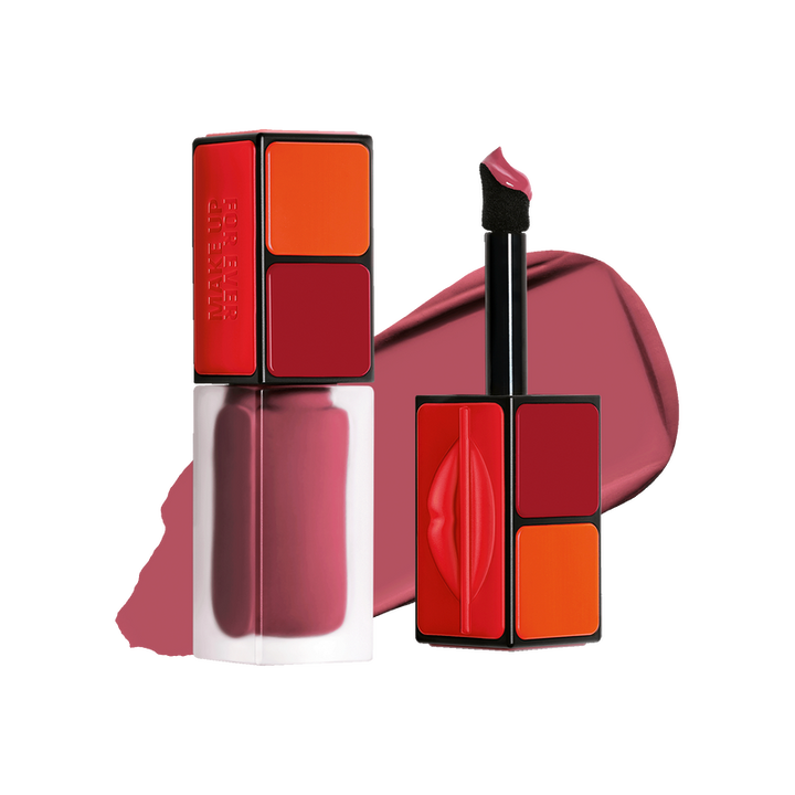 Lipstick and lip gloss set with red and orange shades on a white background