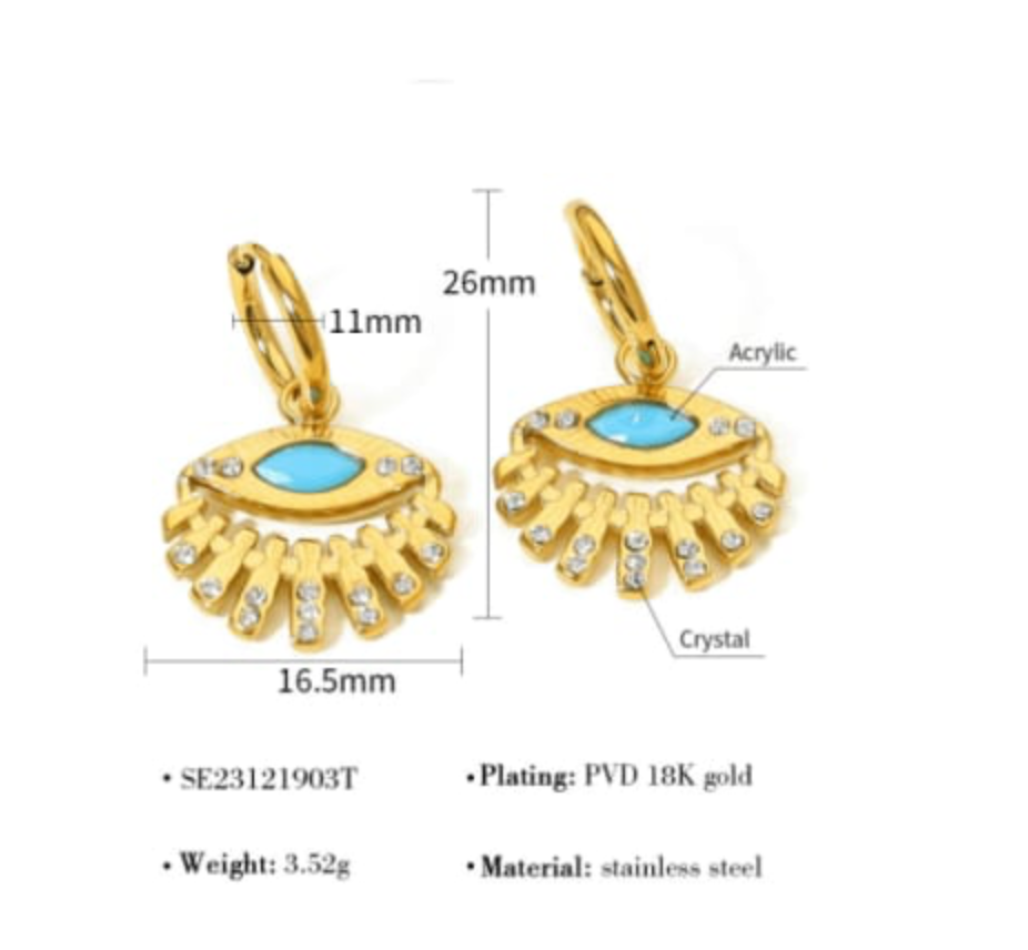 Evil Eye Charm Hoop Earrings- Stainless Steel 14K