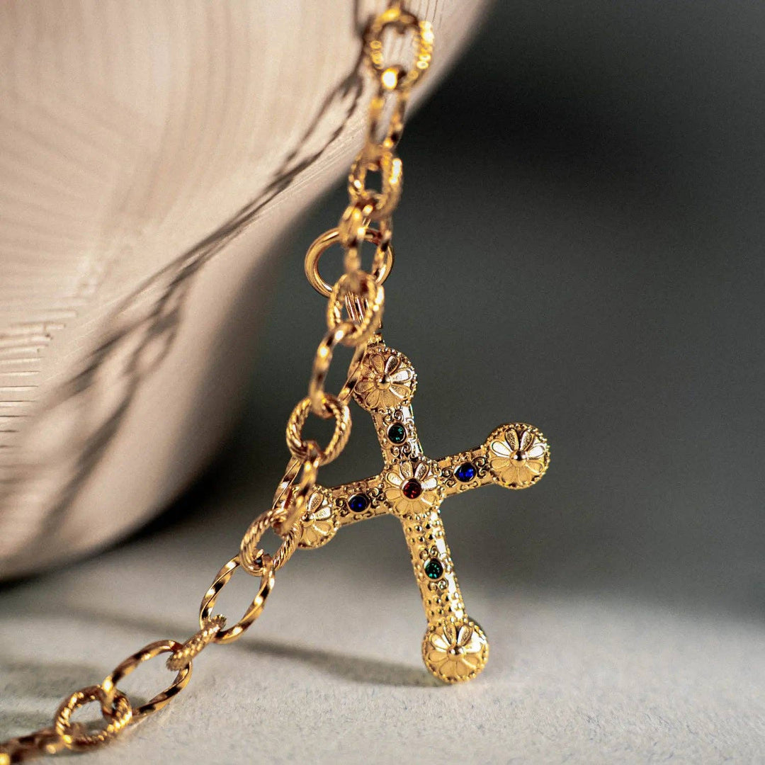 Byzantine Cross Necklace – Gold-Plated Stainless Steel with Multicolored Crystals