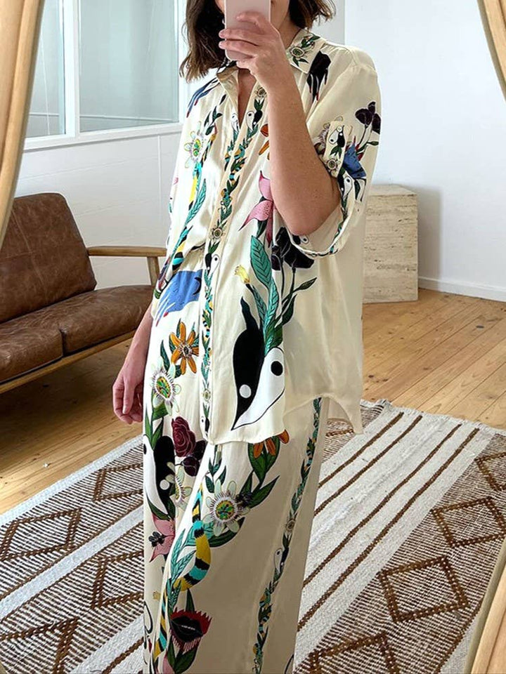 Loose Vintage Print Shirt Trouser Set