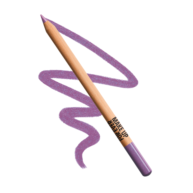 Make-up pencil with purple color swatch on a white background