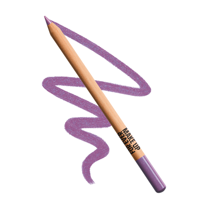 Make-up pencil with purple color swatch on a white background