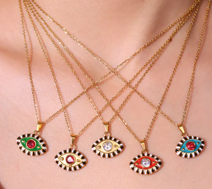 Evil Eye Third Eye Enamel and Crystal Pendant Necklace