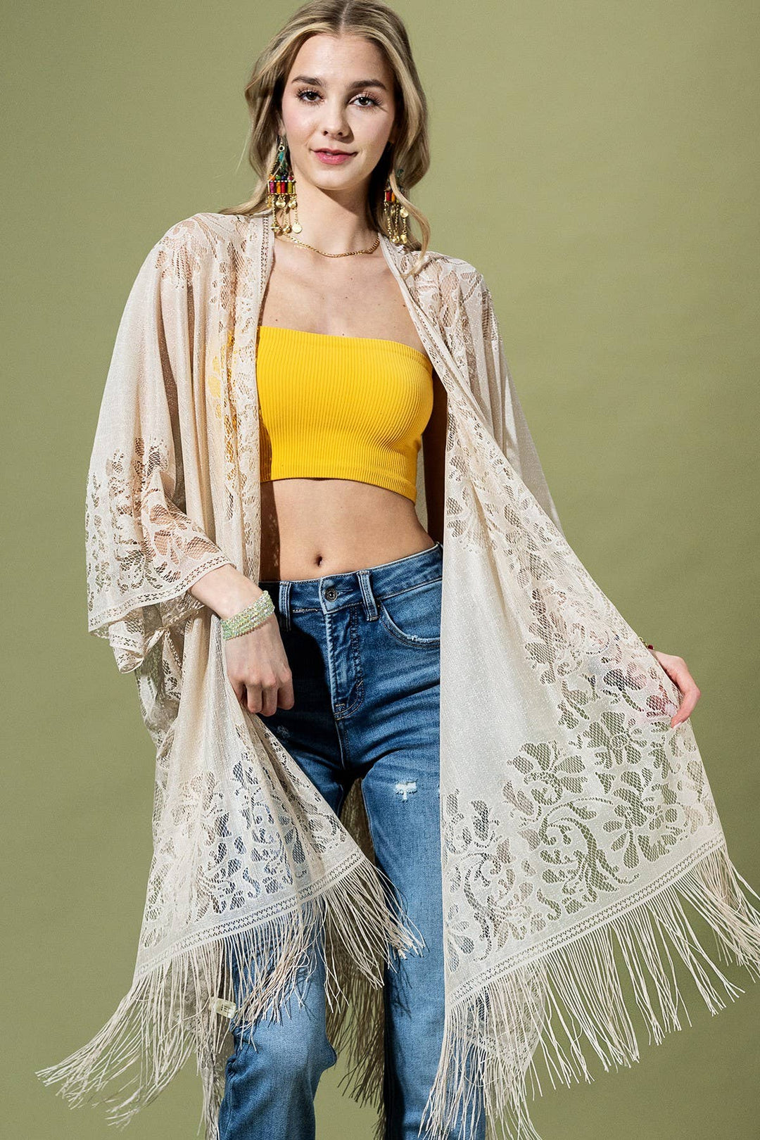 Floral Lace Kimono With Tassel
