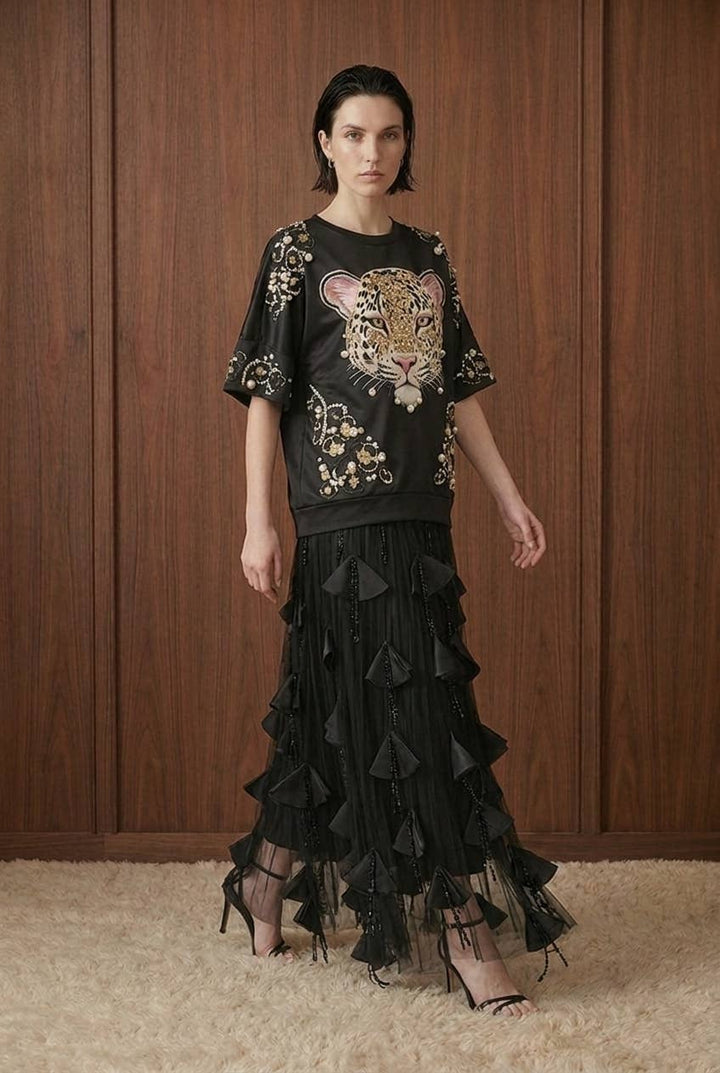 Embellished Leopard Motif Oversized T-Shirt