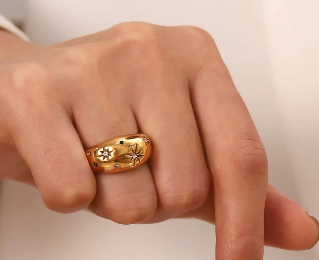 Dome Ring- Galaxy Confetti Ring- Steel 14K Gold Crystals