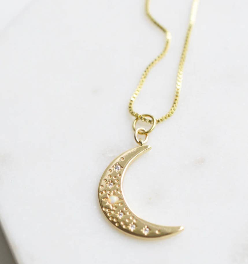 Crescent Moon Opal and Crystal Steel 14K Gold Necklace