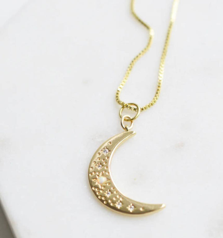 Crescent Moon Opal and Crystal Steel 14K Gold Necklace